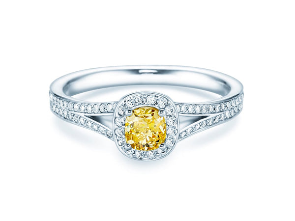 Verlobungsring Fancy Yellow Cushion in Platin mit Diamant 0,90ct